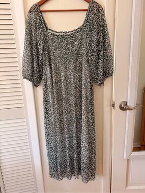 Green Floral Smocked Midi Dress with Puff Sleeves and built-in slip